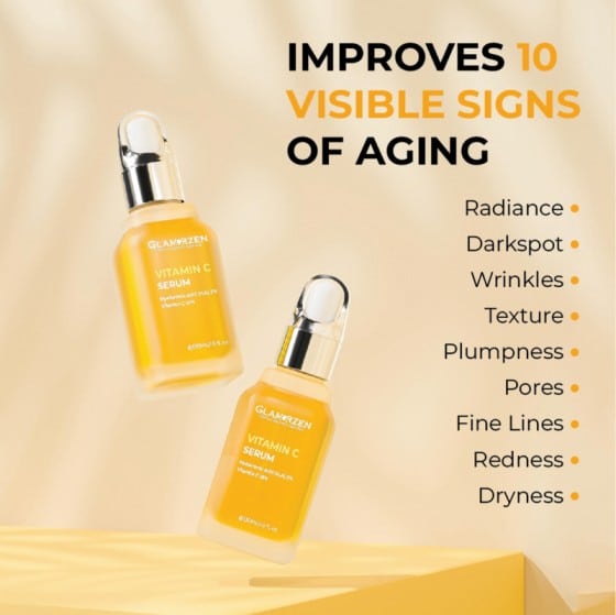 "30ml frosted amber bottle of Glamorzen Vitamin C Serum with silver cap, displayed upright with clean glowing background."